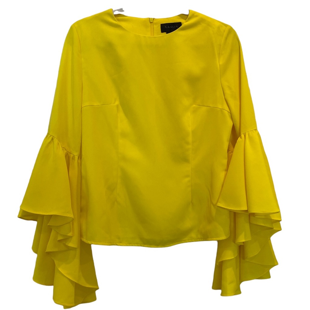 Gracia Designer Chic Bright Yellow Ruffle Bell Sleeves Blouse M